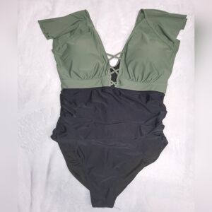 Olive Green and Black One-Piece Swim Suit - Women's